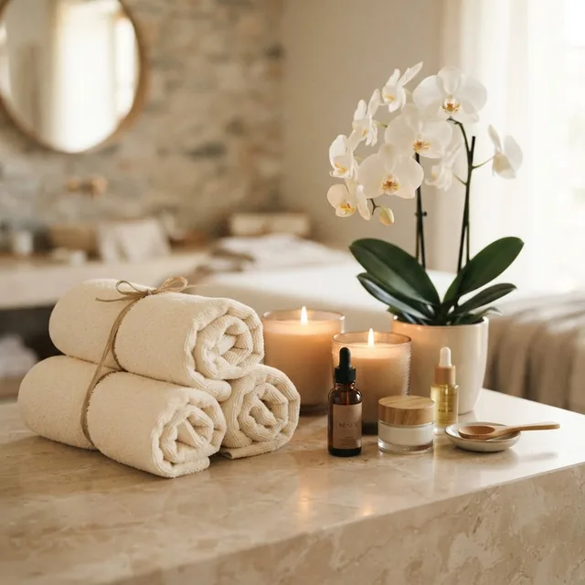 Mermer üzerinde spa ve bakım ürünleri